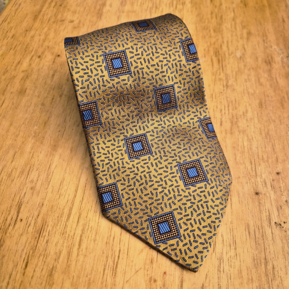 Vintage 100% Silk Gold and Blue Geometric Tie